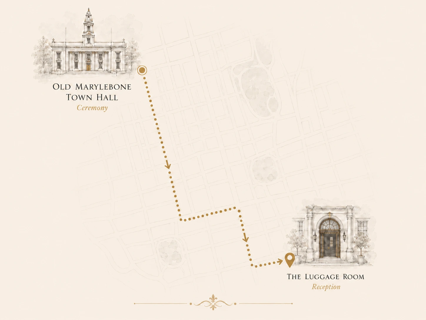 An illustrated map of the route from Old Marylebone Town Hall to The Luggage Room in Mayfair.