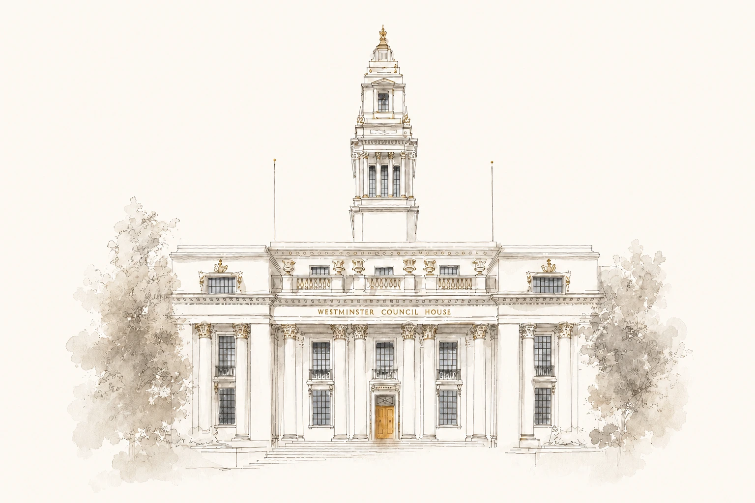 A watercolour of Westminster Council House on Marylebone Road, where the ceremony will be held.